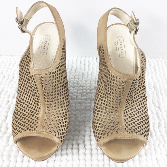 Coach Shoes - Coach Perforated Leather Camel Slingback Wedges